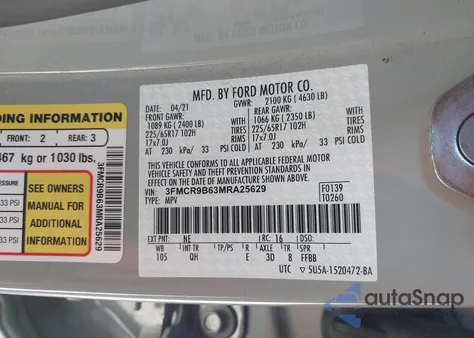 2021 Ford Bronco Sport Big Bend из США, поврежденный, VIN 3FMCR9B63MRA25629